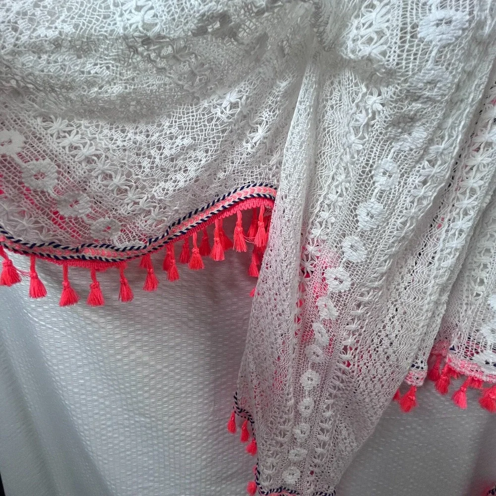 Express White Cotton Crochet‎ Neon Pink Tassels Open Swimsuit Cover Up One Size